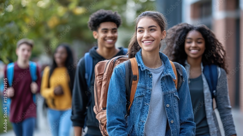 A diverse group of students walking together on a sidewalk. A diverse group of students walking together on a sidewalk.