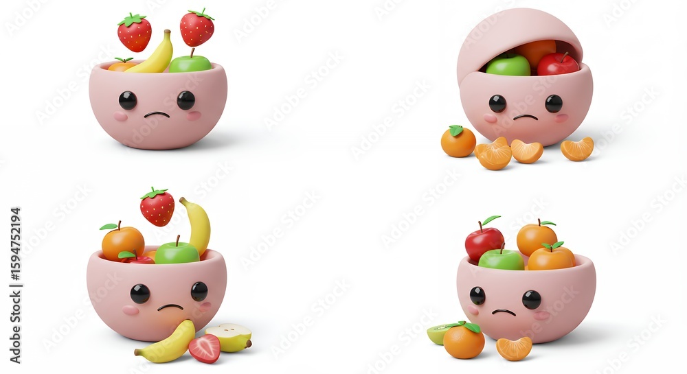 Fototapeta premium Cartoon fruit bowls with sad faces