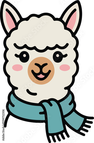 Cute cartoon of an alpaca wearing a scarf with a warm and friendly expression transparent vector png