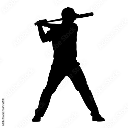 Dynamic baseball silhouette swinging bat on white background, sport symbolism