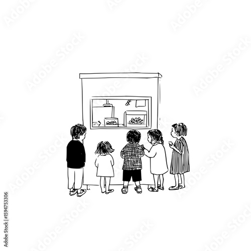 Illustration of five children standing in line at a small shop window looking at items inside the shop