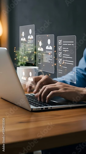 Human Resources professional using a laptop to review applicant profiles and manage checklists, enhancing digital recruitment strategies