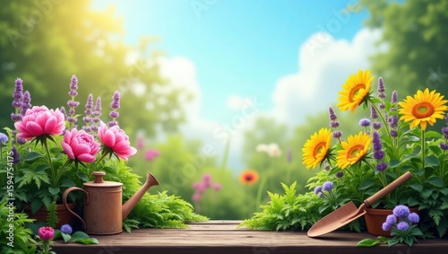 Garden Scene with Pink Peonies Yellow Sunflowers Watering Can and Trowel