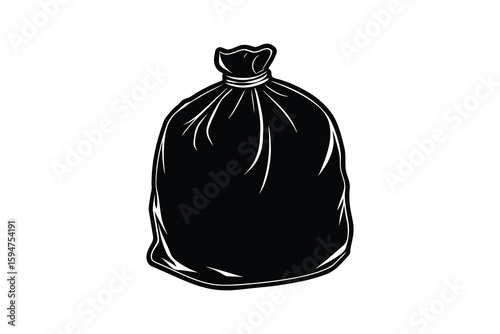 Isolated Black Garbage Bag Illustration with Tied Neck and White Outline Represented in a Clean Silhouette Style silhouette