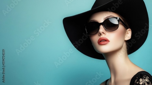 A woman wearing a black hat and sunglasses, with a blue background.
