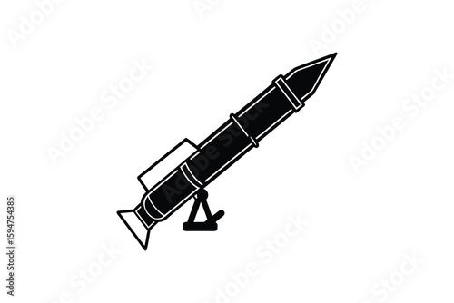 Isolated Black and White Rocket Launcher Illustration Featuring a Simple Silhouette Style Aimed Upward Isolated on a White Background Silhouette