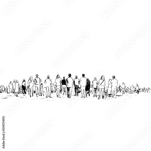 Vector illustration of a large crowd of people walking in an urban setting