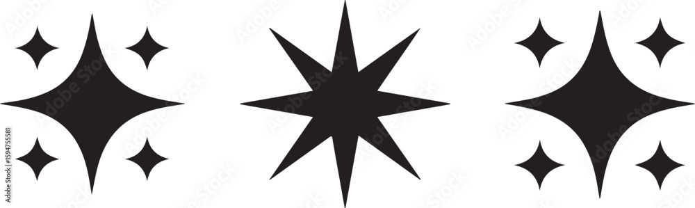 Obraz premium Black Sparkle Star Twinkle Icons Set Isolated on White Background Geometric Design Elements Vector Graphic Illustration