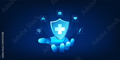 Robot holding Medical Neutrality represents medical technology that uses intelligent AI to help patients access information and receive medical treatment quickly.