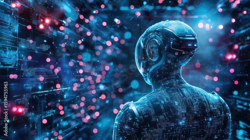 A humanoid robot with a helmet and glowing eyes, standing in a digital, high-tech environment with glowing lights and data screens.