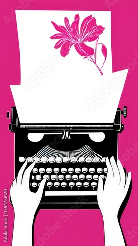 Creative writing blossoms in vibrant pink with a typewriter and a flower