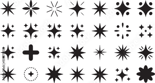 Black Sparkle Star Twinkle Icons Set Isolated on White Background Vector Graphic Design Elements