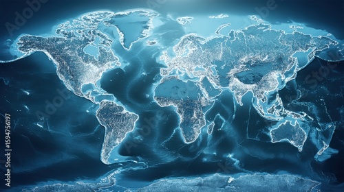 A glowing digital world map in shades of blue highlights global city lights across continents