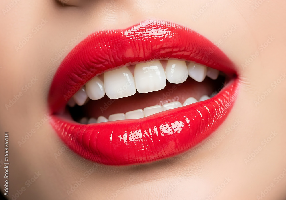 Obraz premium glamorous red lip makeup featuring bright color and shiny gloss application