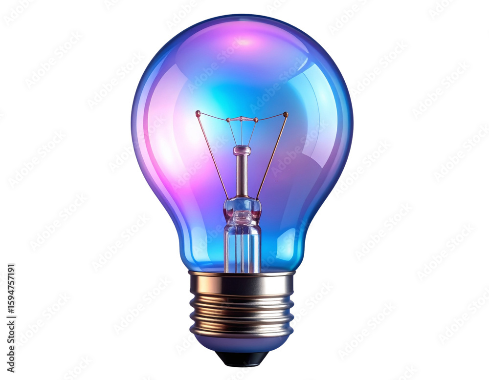 Fototapeta premium Holographic 3D light bulb icon with iridescent glow effect, isolated on transparent background PNG