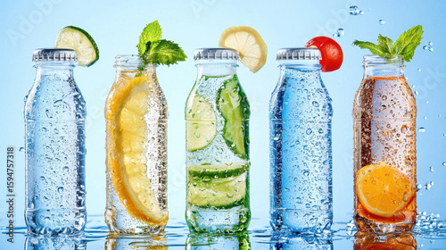 Refreshing sports drinks in clear bottles with citrus flavors and mint leaves, showcasing hydration and vibrant colors