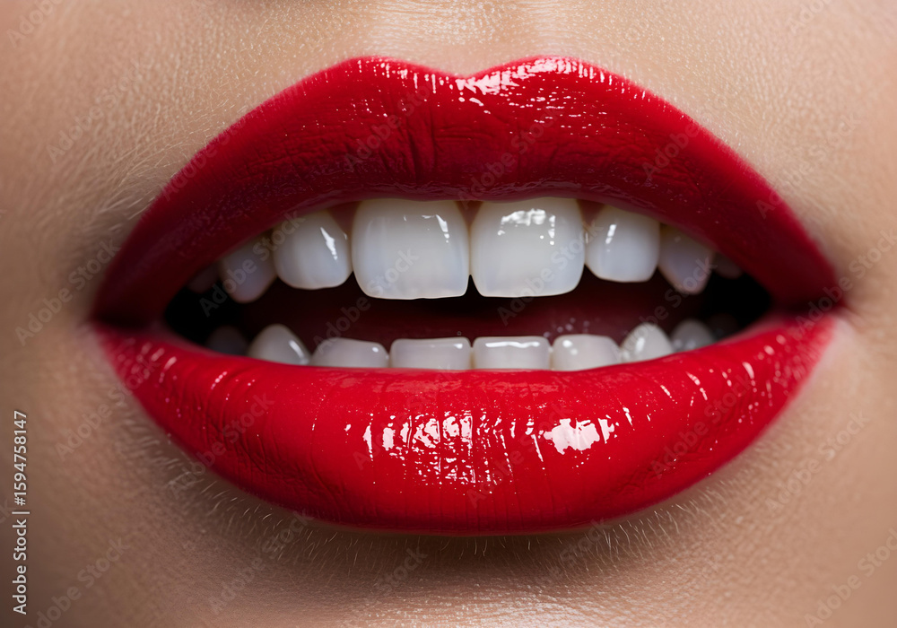Fototapeta premium perfect red lipstick on beautiful lips with white teeth and glossy finish 