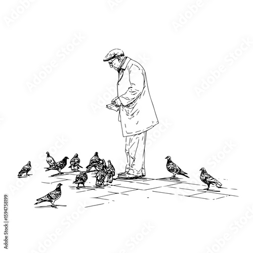 An illustration of an elderly man in a coat and cap feeding a group of pigeons on a patterned surface