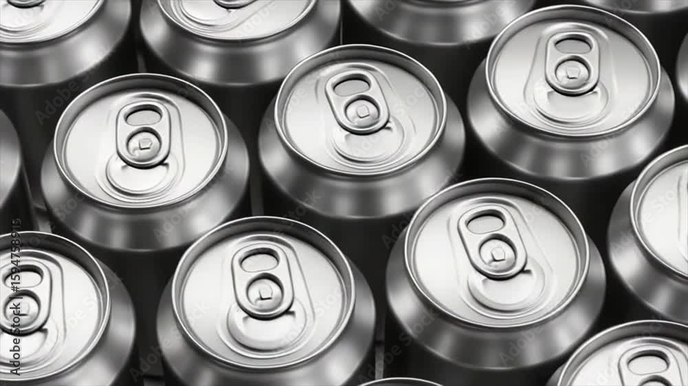 Aluminum Beverage Cans Background Close-up in Metallic Minimalist Style