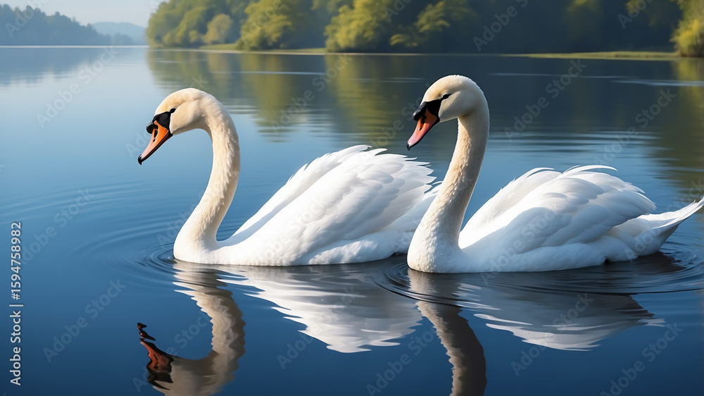 Fototapeta premium Two elegant white swans swimming side by side on a calm lake, creating mirror reflections in the water. Peaceful nature scene with soft light and forested background.