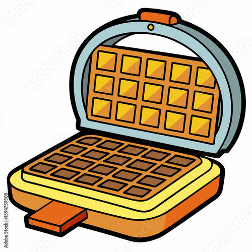 Waffle maker with golden brown waffles ready for cooking  