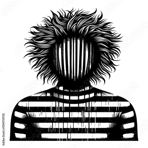 Mysterious silhouette wild hair striped pattern figure, bold stripy portrait flowing hair monochrome design .