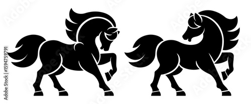 Horse set. Stylized silhouettes of standing in different poses and stamping hoof. Isolated on white background. Horse logo designs set. Chinese New Year Horse. Vector illustration
