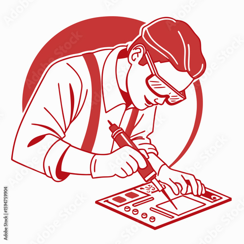 Focused Technician Soldering Circuit Board Red Illustration