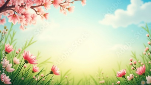 Pink Flowers and Blossoms in a Springtime Meadow Under a Blue Sky