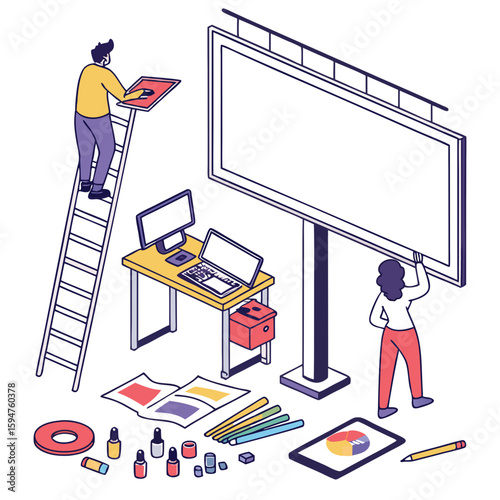 Illustrative Teamwork Installing a Large Billboard