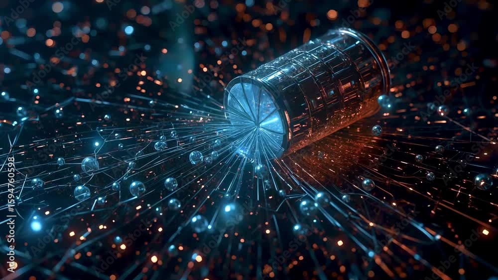 A futuristic metallic canister emitting vibrant blue and orange particles in a digital environment
