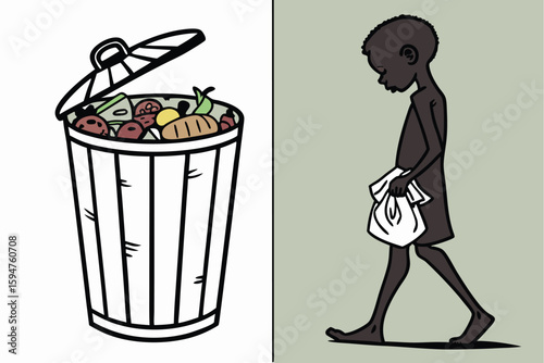 Illustration depicting a full trash can and a thin child carrying a bag with a somber expression