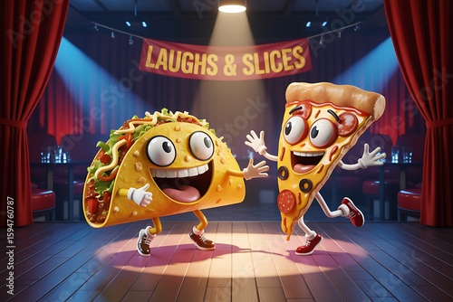 A cheerful taco and pizza slice perform on stage under bright lights, bringing fast food fun and cartoon character charm.