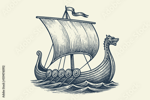 Viking ship with dragon head engraving style vector illustration