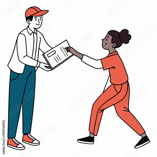 Man and Woman Exchanging a Document in a Line Art Illustration
