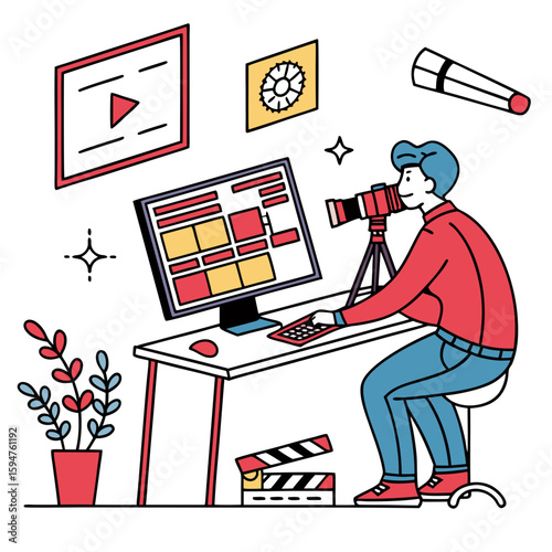 Man Editing Video on Computer at Desk