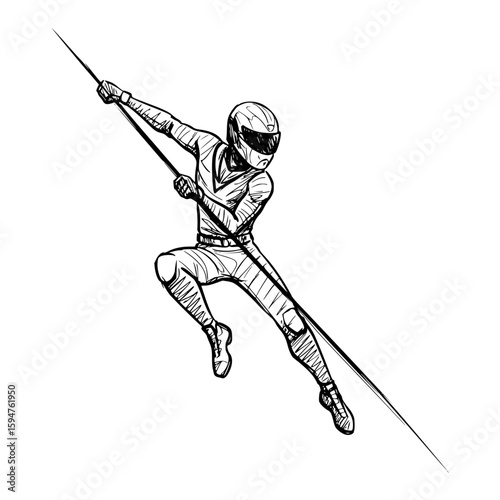 Superhero in helmet with spear in dynamic pose isolated vector image on transparent background, pencil drawing  