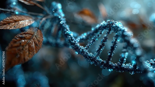 DNA strands of plant edited under blue light in lab, symbolizing genetic modification, biotech agriculture, and sustainable crop engineering in futuristic research spaces.