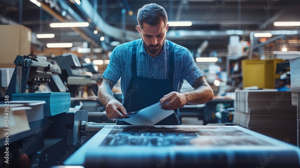 © TesLaTH - A photo-realistic scene of a technician expertly adjusting an offset printing machine in a vibrant, busy print shop environment. © TesLaTH - A photo-realistic scene of a technician expertly adjusting an offset printing machine in a vibrant, busy print shop environment.