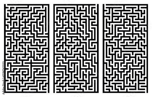 Set of three vertical maze puzzles in black white vector style, intricate labyrinth collection with complex path structure, logic challenge design for problem solving, mental game, puzzle concept