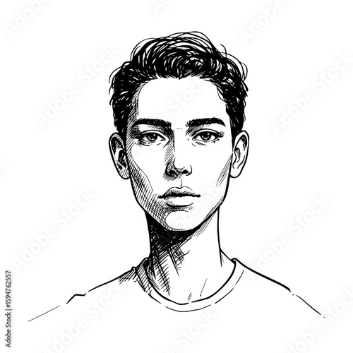 Young man with short hair in a hand-drawn sketch style, isolated vector image on transparent background, pencil drawing  