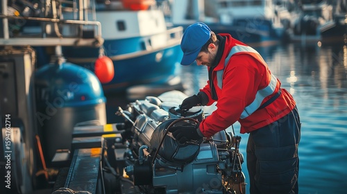 A photo-realistic image of a boat engine technician diligently servicing a motor on a dock with a serene marine background.