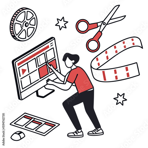 Person Editing Video on Computer Screen with Film Reel and Scissors