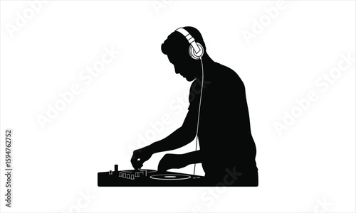 Dj performing music with headphones silhouette