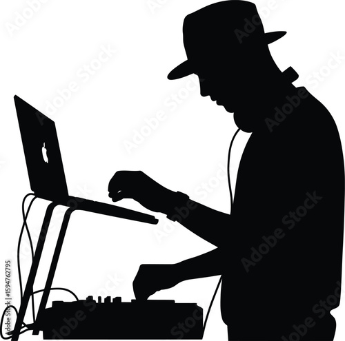 Dj spinning records silhouette at a party