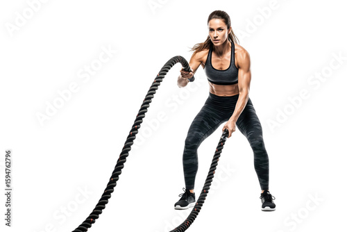 Focused Female Athlete Performing Battle Ropes Exercise During High-Intensity Workout