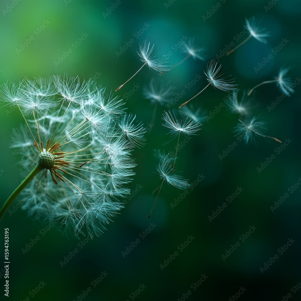 Fototapeta premium Dandelion Seeds Dispersing on the Wind: Nature's Ephemeral Beauty in a Lush Green Outdoor Setting