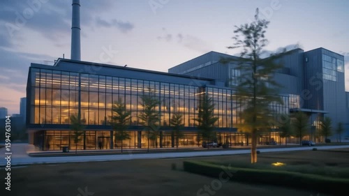 Wallpaper Mural Modern factory building with glass facade, chimneys, and landscaped surroundings at dusk. 4k video Torontodigital.ca