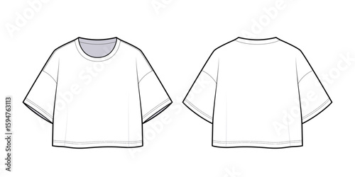 Crop T-Shirt Baggy Fit Round Neckline- Front and Back View- Fashion Template-Technical Illustration-CAD Mock-Up