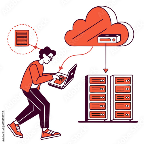 Person Uploading Data to Cloud Server via Laptop
